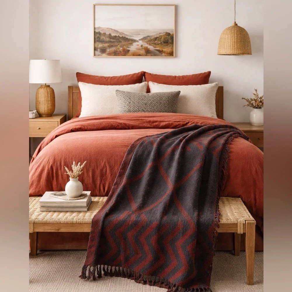 Creative Co-Op Recycled Cotton Blend Throw Blanket Geometric Fringe, Multicolor